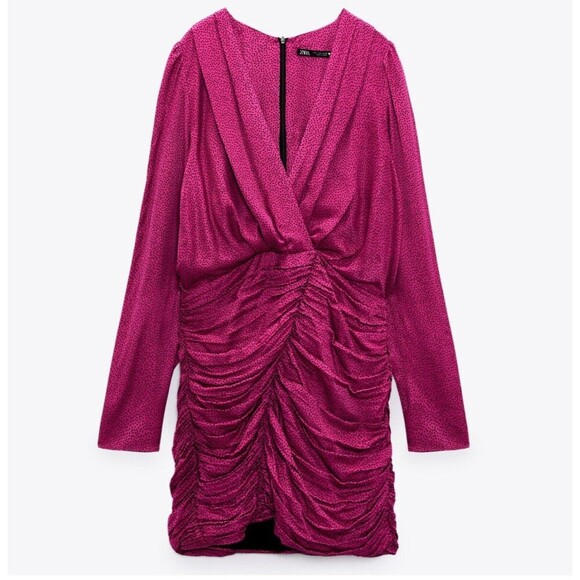 Zara Women Ruched Satin Effect Print Wrap Dress Fuchsia Pink Size M - Picture 1 of 8